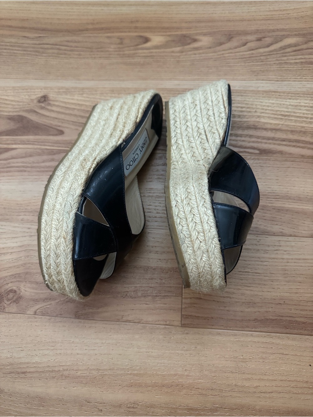 Jimmy Choo Black Patent Leather Espadrille Wedge Sandals - Picture 10 of 12
